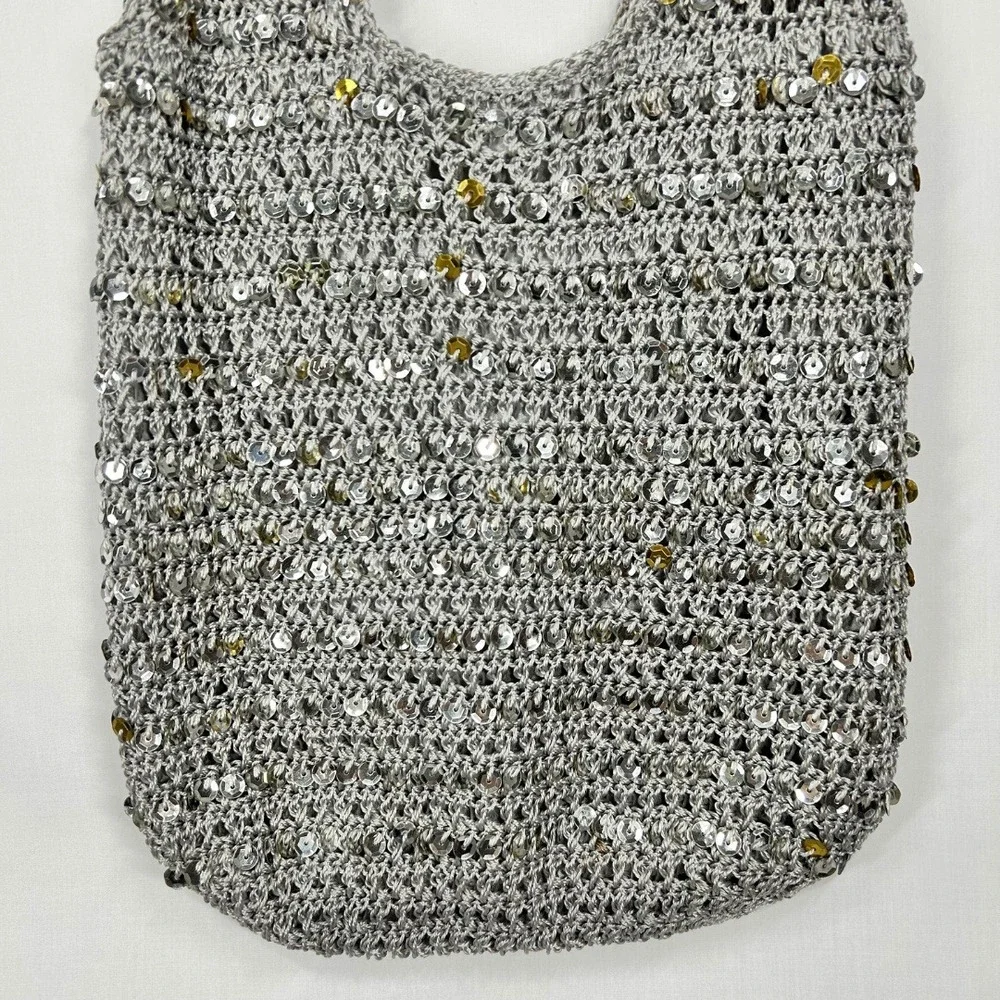 Vintage Y2K Silver Sequin Knit Open Mesh Shoulder Bag Metallic Crochet Hobo Tote